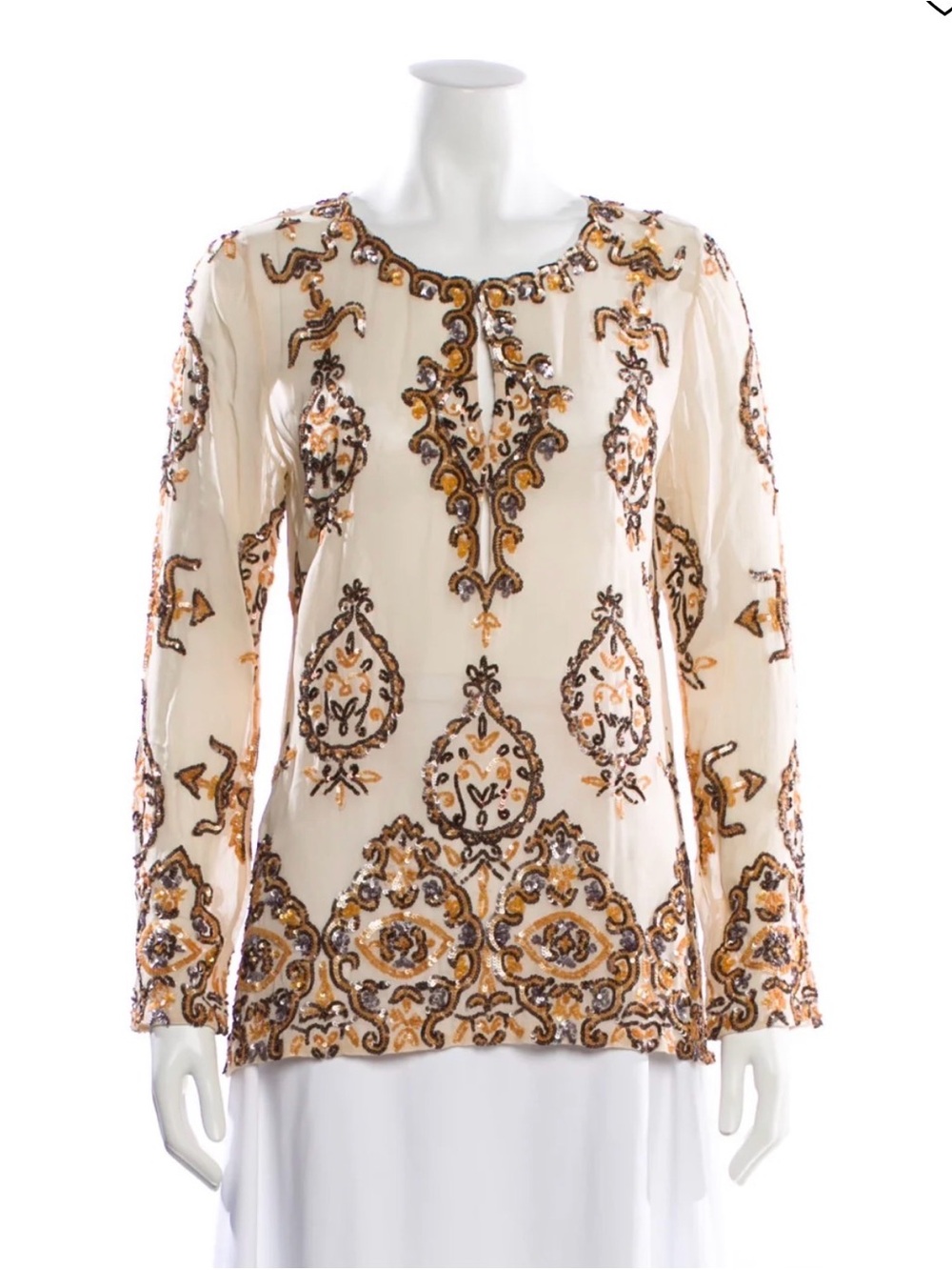 Calypso St. Barth Embellished Cream Beaded Long-Sleeve Fairuza Top NWT Sz XL - Picture 2 of 4